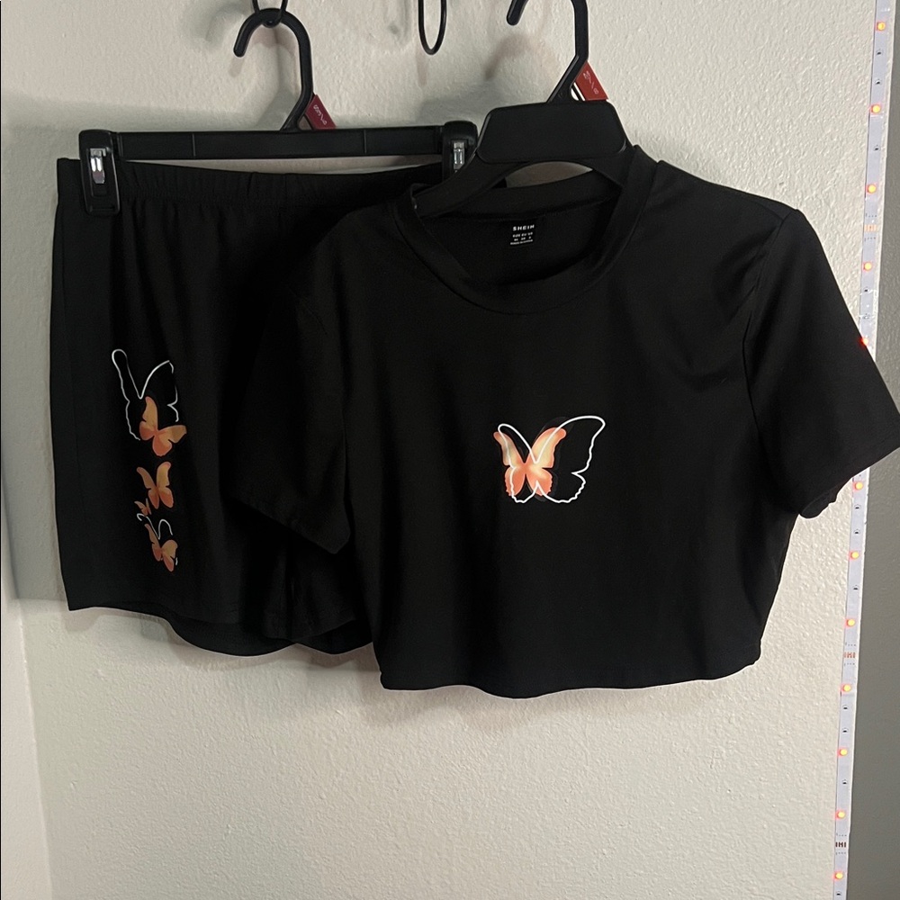 SHEIN Black Butterfly Print Bike Shorts Set